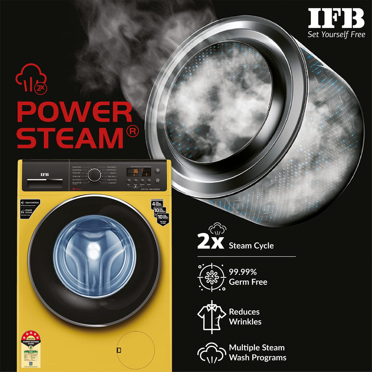 IFB 7 Kg 5 Star Front Load Washing Machine 2X Power Steam (ELITE ZLS 7012, Yellow, In-built Heater, 4 years Comprehensiv