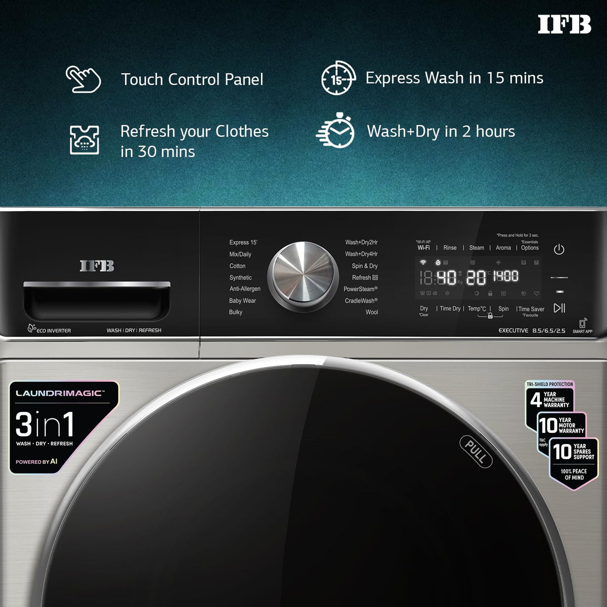 IFB 8.5 Kg / 6.5 Kg / 2.5 Kg Front Load 5 Star 3-In-1, AI Powered, Fully Automatic Washer Dryer Refresh (2023 Model, Lau