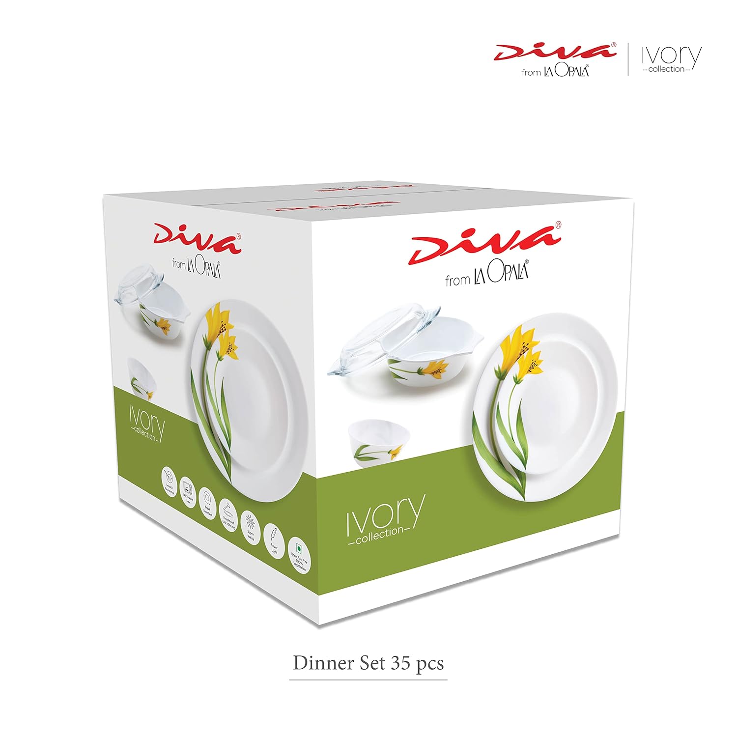 La Opala Diva, Ivory Collection, Opal Glass Dinner Set 35 pcs, Yellow Grace, White