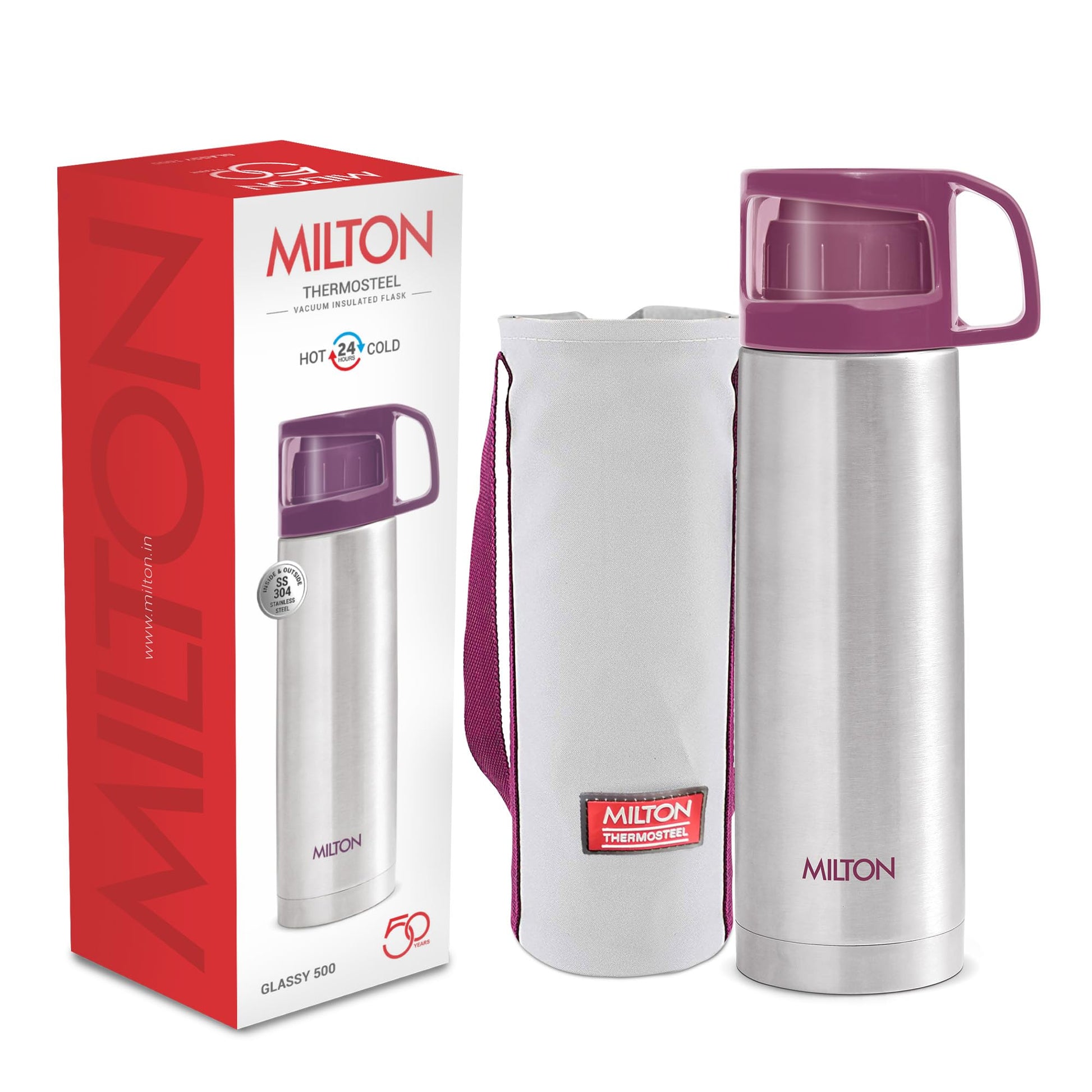 Milton Glassy 500 Thermosteel Vacuum Insulated Double Walled Flask with Drinking Cup lid & Jacket, 500 ml Water Bottles, 24 Hours Hot & Cold, Easy to Carry,Rust Proof, Tea, Coffee, Travel Bottle, Grey