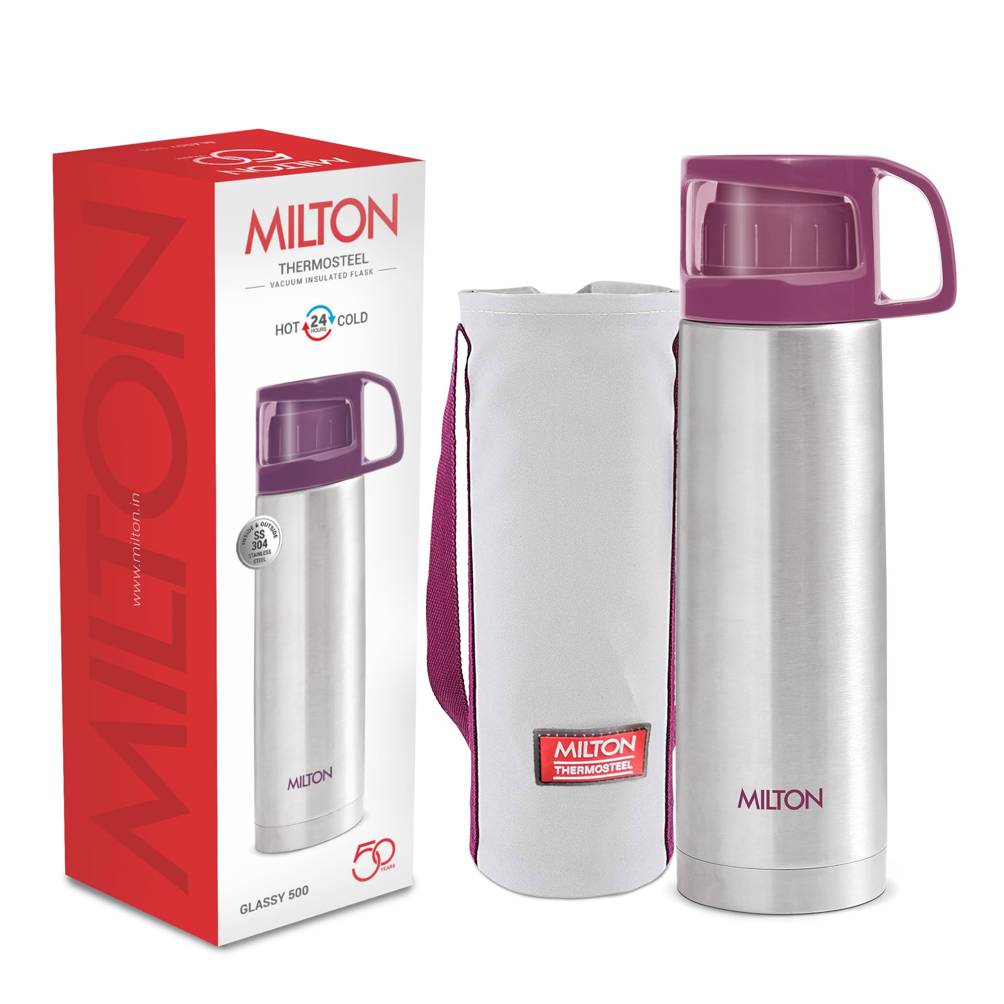 Milton Glassy 500 Thermosteel Vacuum Insulated Double Walled Flask with Drinking Cup lid & Jacket, 500 ml Water Bottles, 24 Hours Hot & Cold, Easy to Carry,Rust Proof, Tea, Coffee, Travel Bottle, Grey
