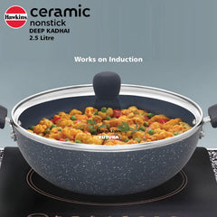 Hawkins Ceramic Nonstick 2.5 Litre Deep Kadhai, Induction Deep Fry Pan with Glass Lid, Granite Kadai (ICK25G)