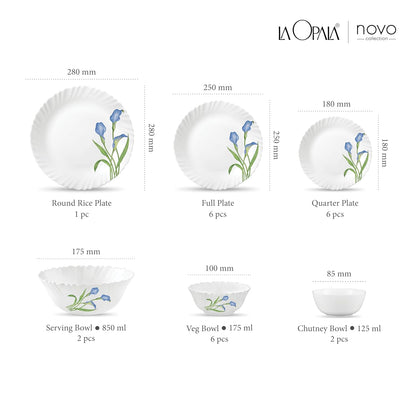 La Opala Novo Collection Opal Glass Crockery | for Family of 6 | Dinner Set 23 pcs Tender Trio | Plates & Bowls for Dining | Microwave Safe | 100% Vegetarian | Extra Strong | Light & White