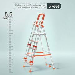 PROHOME Aluminium Ladder for Home 5 Steps Foldable with Railing & Anti-Skid Wide Steps | 5 Step Ladder for Home Use, Kitchen & Household | 250 Kg Capacity Folding Ladder | 5 Year Warranty (Orange)