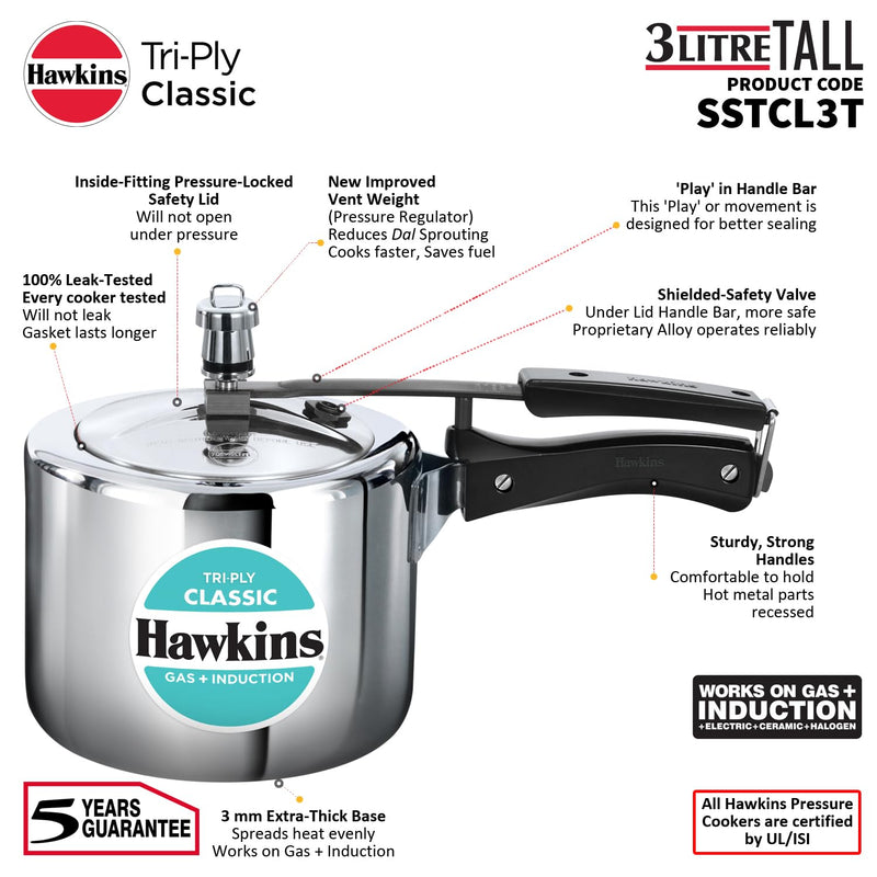 Hawkins Triply 3 Litre Classic Pressure Cooker, Triply Stainless Steel Induction Inner Lid & Tall Design Cooker, Silver (SSTCL3T)