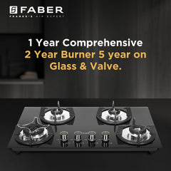 Faber Hob 4 Burner | Auto-Ignition | Spillage Proof | HOB SUPERIA HT764 BR AI N |Metal Knobs | Pan Support | Black Glass