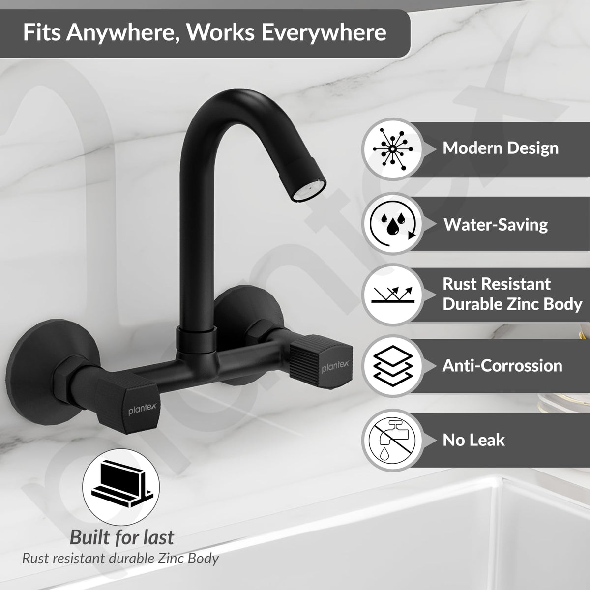 Plantex Sink Mixer Tap for Kitchen with 360° Swivel Spout/Hot and Cold Water Tap with Wall Flange and Teflon Tape/Brass Spindle Sink Tap (Black)