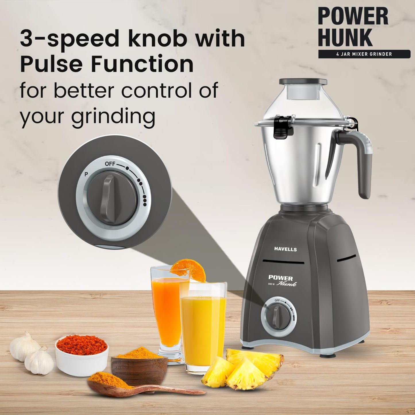 Havells Power Hunk (4 Jar) 800 watt Mixer Grinder with 3 Wider mouth Stainless Steel Jar, Hands Free operation, SS-304 Grade Blade & 7 year motor warranty (Grey)