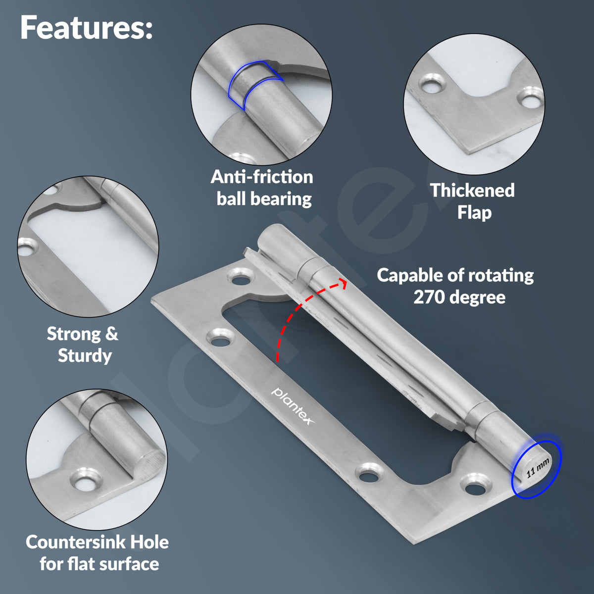 Plantex Butterfly Hinges for Door/Stainless Steel Door Hinges/5 Inch x 14 Gauge Hinge/2.5 mm Hinges for Home/Office/Hotel/Non-Mortise Hinge - Pack of 6 (Chrome)-4