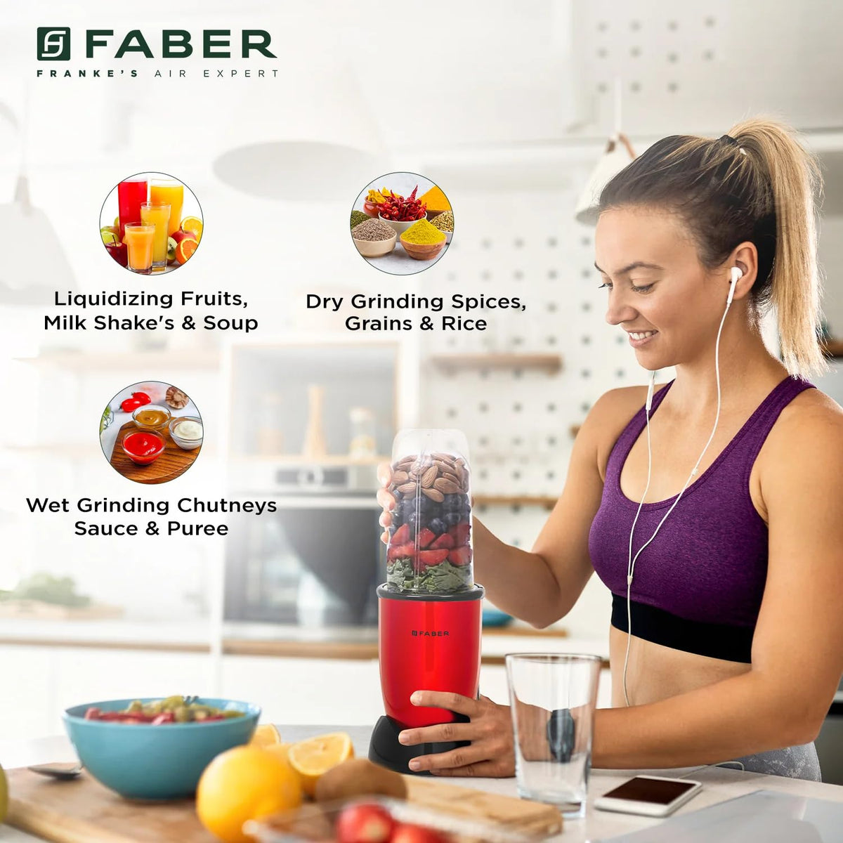 Faber Sportz Blender FSB 3-in-1 Red Velvet|400W|100% Copper Motor|Detachable SS Blade|3 PC Jars 500ML+500ML Mug+300ML|Dr