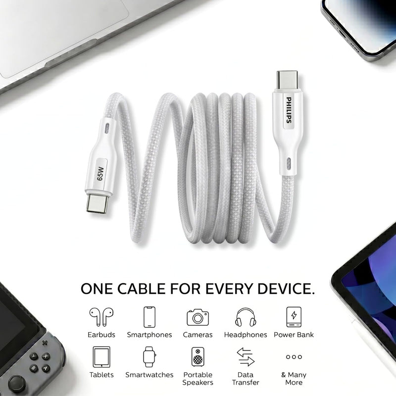 Philips DLC4160CW/94 65W Type-C to Type-C Fast Charging Cable (2m, Bright White)