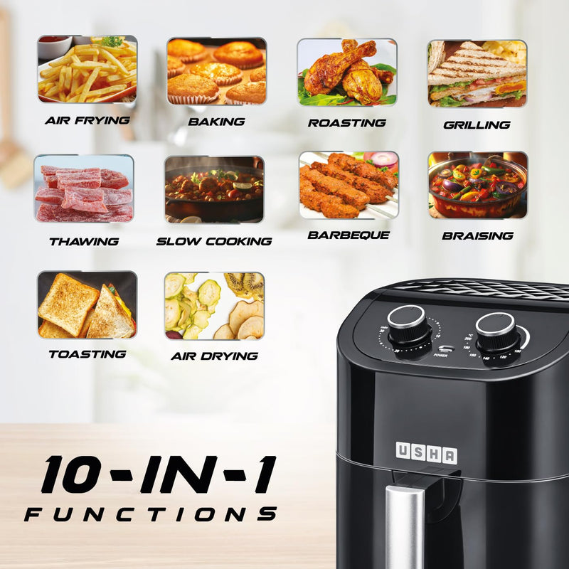 USHA Ichef Air Fryer 4.5L, 10 In 1 Functions: Air Frying, Baking, Roasting, Grilling, Thawing, Slow, Toasting And Air Drying |Turbo Air Circulation|Oil Free Cooking (Black), 1350 Watts