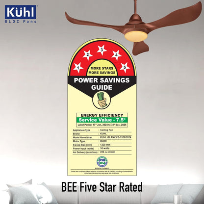 KUHL Glanz F3 1320MM 65% Power Saving BLDC Ceiling Fan | BEE 5 Star Rated & ISI Marked | High Air Flow | 5Year Warranty on Motor By Brand |Free Installation | IoT Operate via Mobile & Alexa | Brown