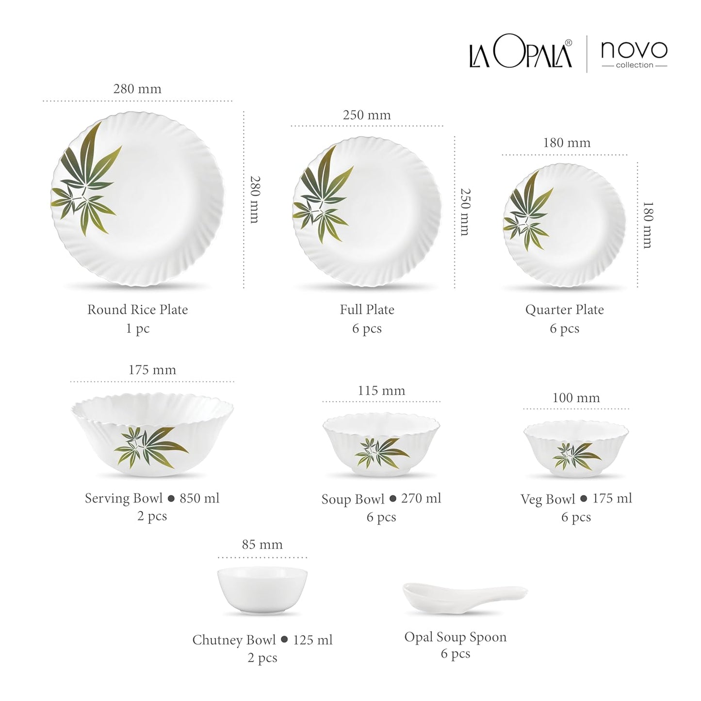 La Opala Novo Collection Opal Glass Crockery | for Family of 6 | Dinner Set 35 pcs Trinty Green | Plates & Bowls for Dining | Microwave Safe | 100% Vegetarian | Extra Strong | Light & White