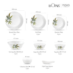 La Opala Novo Collection Opal Glass Crockery | for Family of 6 | Dinner Set 35 pcs Trinty Green | Plates & Bowls for Dining | Microwave Safe | 100% Vegetarian | Extra Strong | Light & White