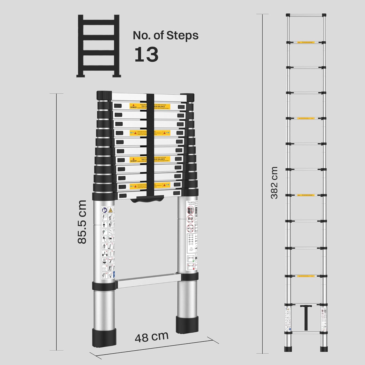 BonKaso VertiPro 3.8M(12.5Ft) Telescopic Ladder|Aluminum Ladder 13 Steps|Multipurpose for Home & Outdoor use with Self Lock Mechanism|EN131 Certified Max Load Capacity of 150kg