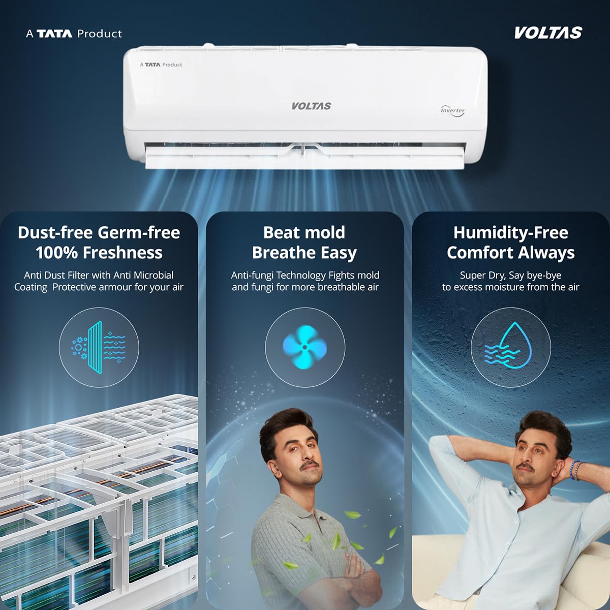 Voltas 2 ton 3 Star,New star rated, Inverter Split AC (Copper, Convertible 5-in-1 Cooling Mode, 2-Way Air Swing, Anti-dust Filter with Anti Microbial Coating, Auto Clean, (243INV CAM, White)