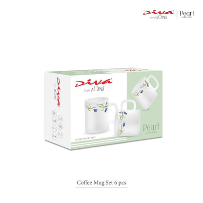 La Opala Diva, Pearl Collection Opal Glass Crockery | Coffee Mug Regular, Set of 6 | Twilight Clouds, 190 ml | for Tea & Coffee | Microwave Safe | 100% Vegetarian | Extra Strong | Super Light & White