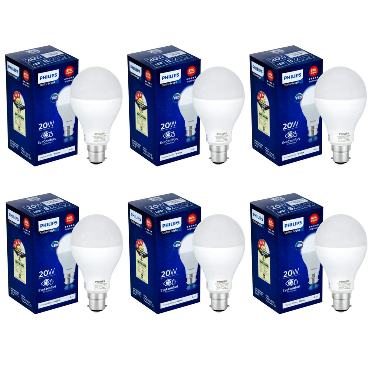 Philips 20W B22 LED Cool Day Light Bulb, Pack of 6 (929001256833)