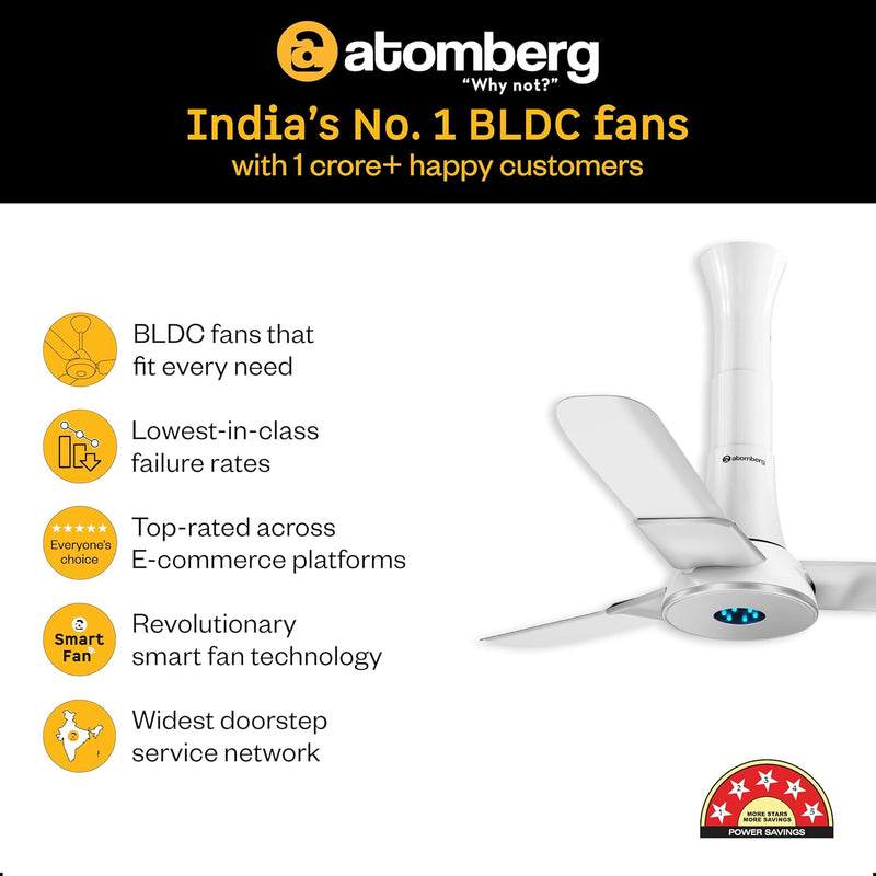 atomberg Studio+ 950mm BLDC Ceiling Fan with Remote Control | BEE 5-star Energy Efficient | New Blade Design | High Air Delivery | LED Speed Indicator | Low noise | 3 Year Warranty (Marble White)