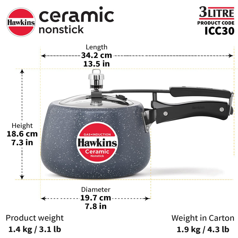 Hawkins 3 Litre Ceramic Nonstick Pressure Cooker, Induction Inner Lid Cooker, Blue (ICC30)