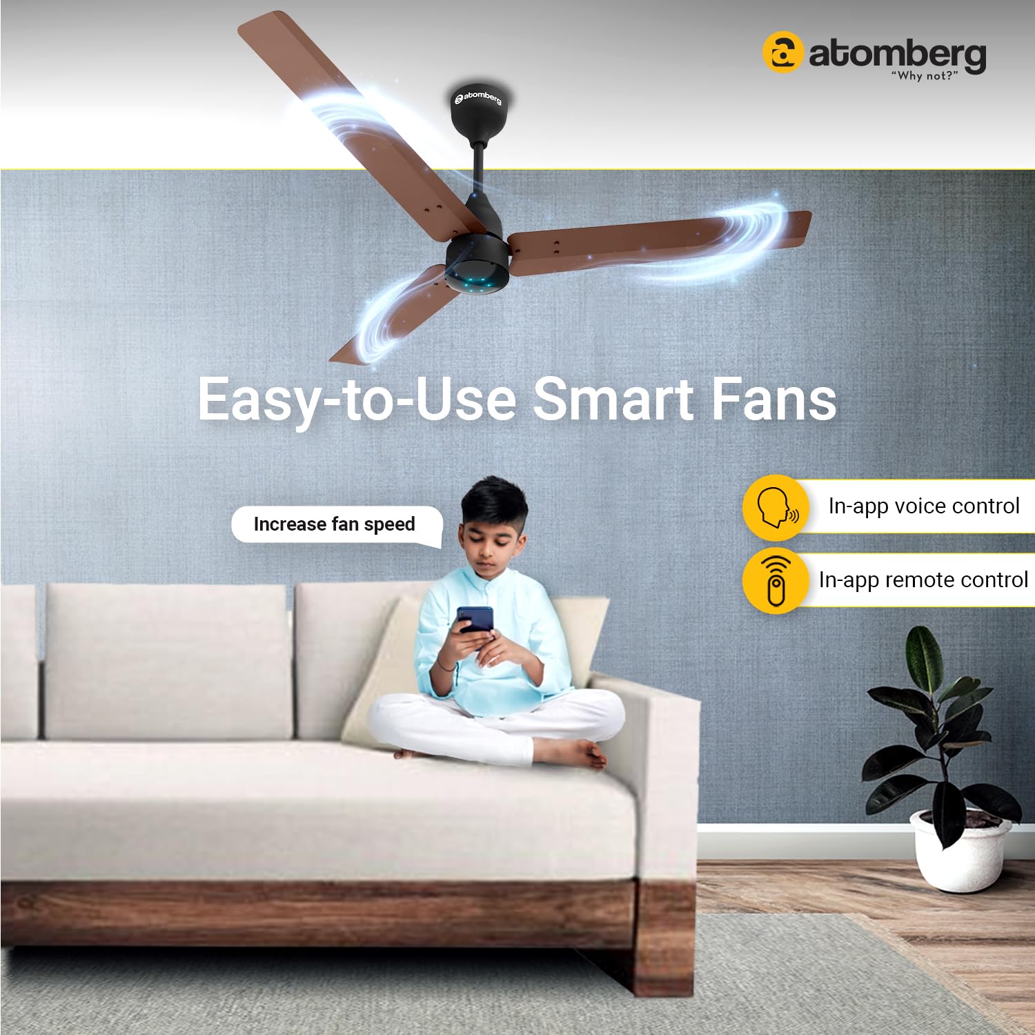 atomberg Renesa Smart 1200mm BLDC Ceiling Fan with IoT & Remote | Energy Efficient Ceiling Fan | Ceiling fan for Living Room | High Air Delivery with LED Indicators (Brown & Black)