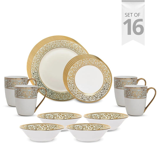 Clay Craft Fine Ceramic Georgian Ebony Floral Dinner Set (Set of 16) (E647), Enchanting Gold, for Family of 4, Dinner Set Ceramic, Dining Set for Dinner, Crockery Set for Gift, Kitchen Set for Home