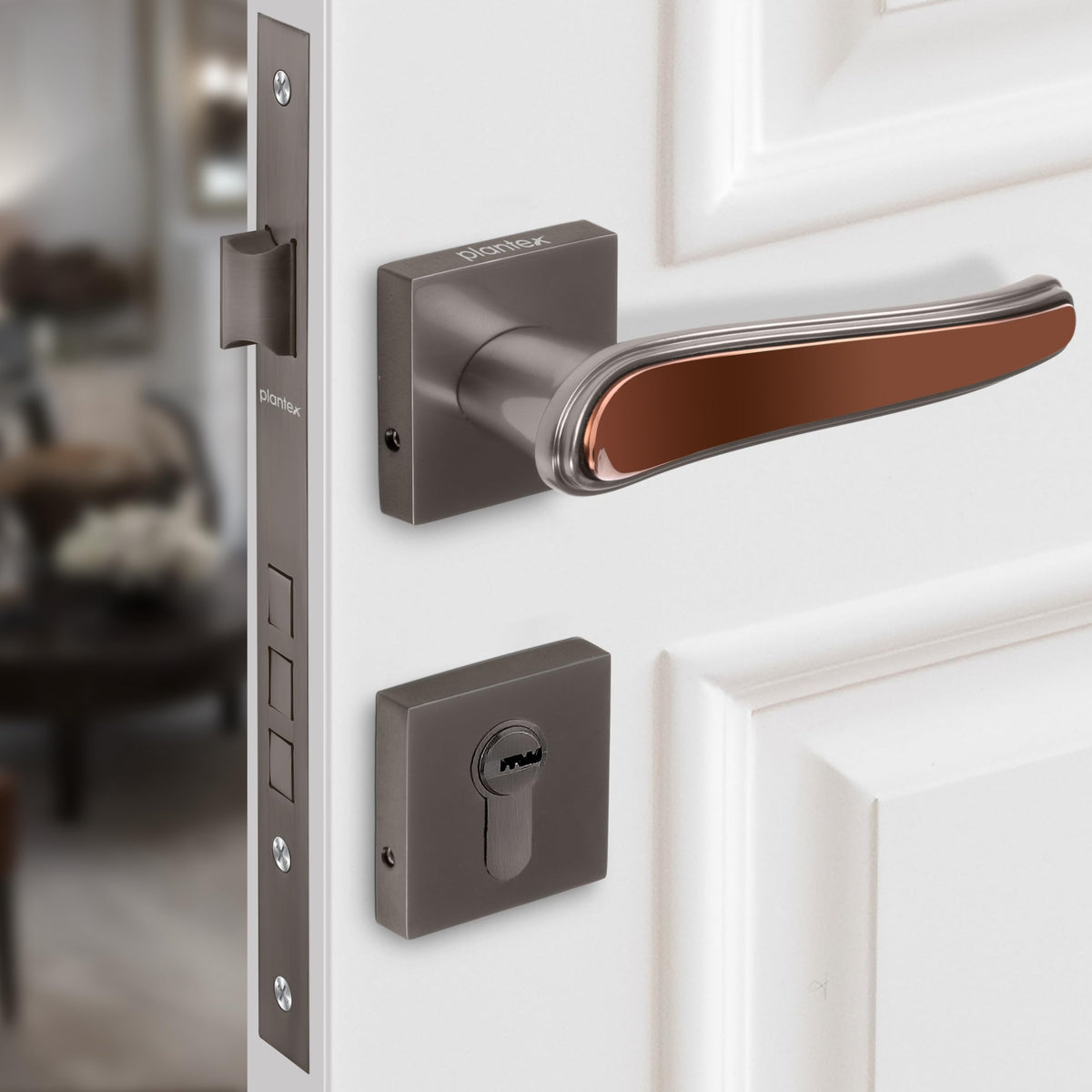 Plantex Main Door Lock/Mortise Lock for Doors - Robust Door Lock Handle for Home with Brass Lock Body & Cylinder (PT-014, Satin Black & Rose Gold)