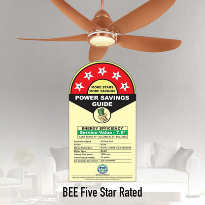 KUHL Luxus C5 1200mm Stylish 65% Power Saving BLDC Ceiling Fan with Remote | Night & Down Light | 29W |BEE 5 Star | Low Noise|IoT –Operate via Mobile & Alexa|Reverse Mode | Free Installation | Copper