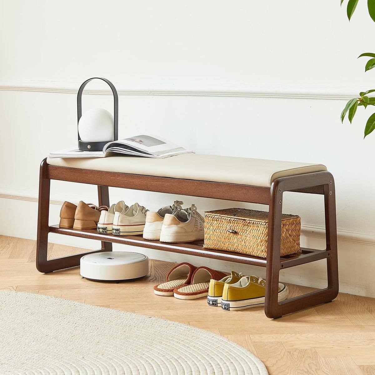 Mid-Century Elegant Wooden Shoe Bench with Padded Seat – 2-Tier Shoe Rack for Entryway, Living Room, or Bedroom