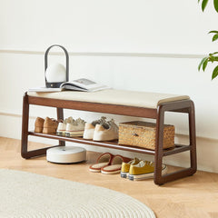 Mid-Century Elegant Wooden Shoe Bench with Padded Seat – 2-Tier Shoe Rack for Entryway, Living Room, or Bedroom
