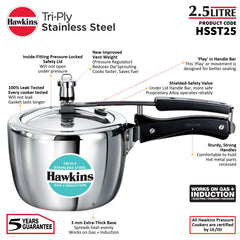 Hawkins 2.5 Litre Triply Stainless Steel Pressure Cooker, Inner Lid Cooker, Silver (HSST25)
