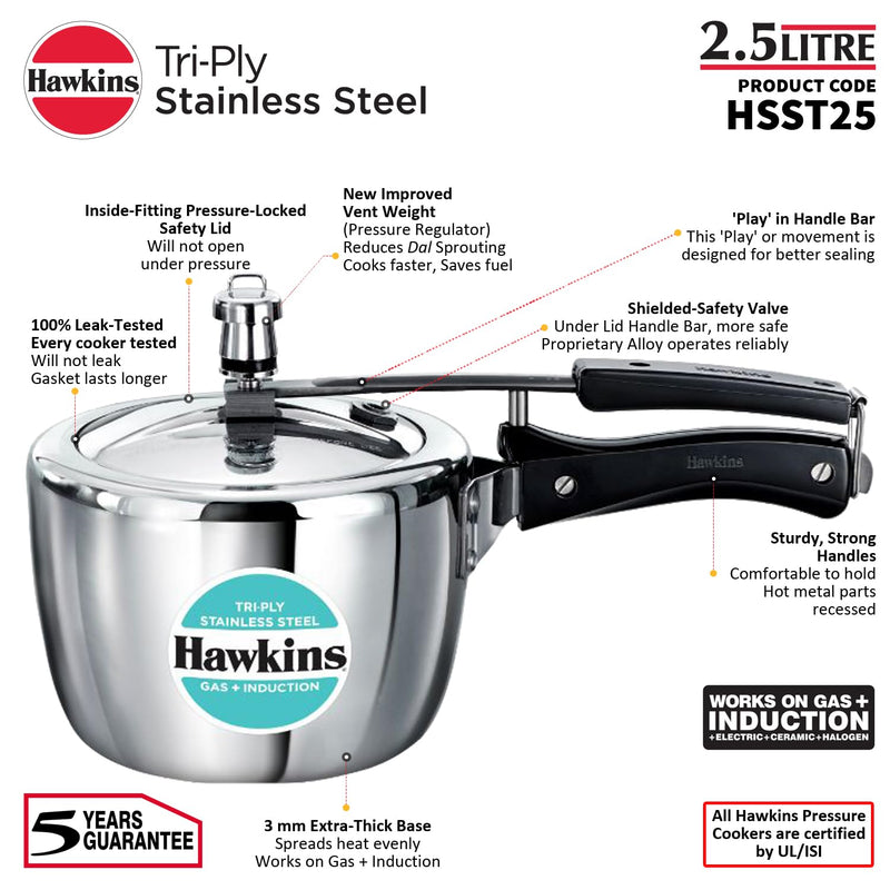 Hawkins 2.5 Litre Triply Stainless Steel Pressure Cooker, Inner Lid Cooker, Silver (HSST25)