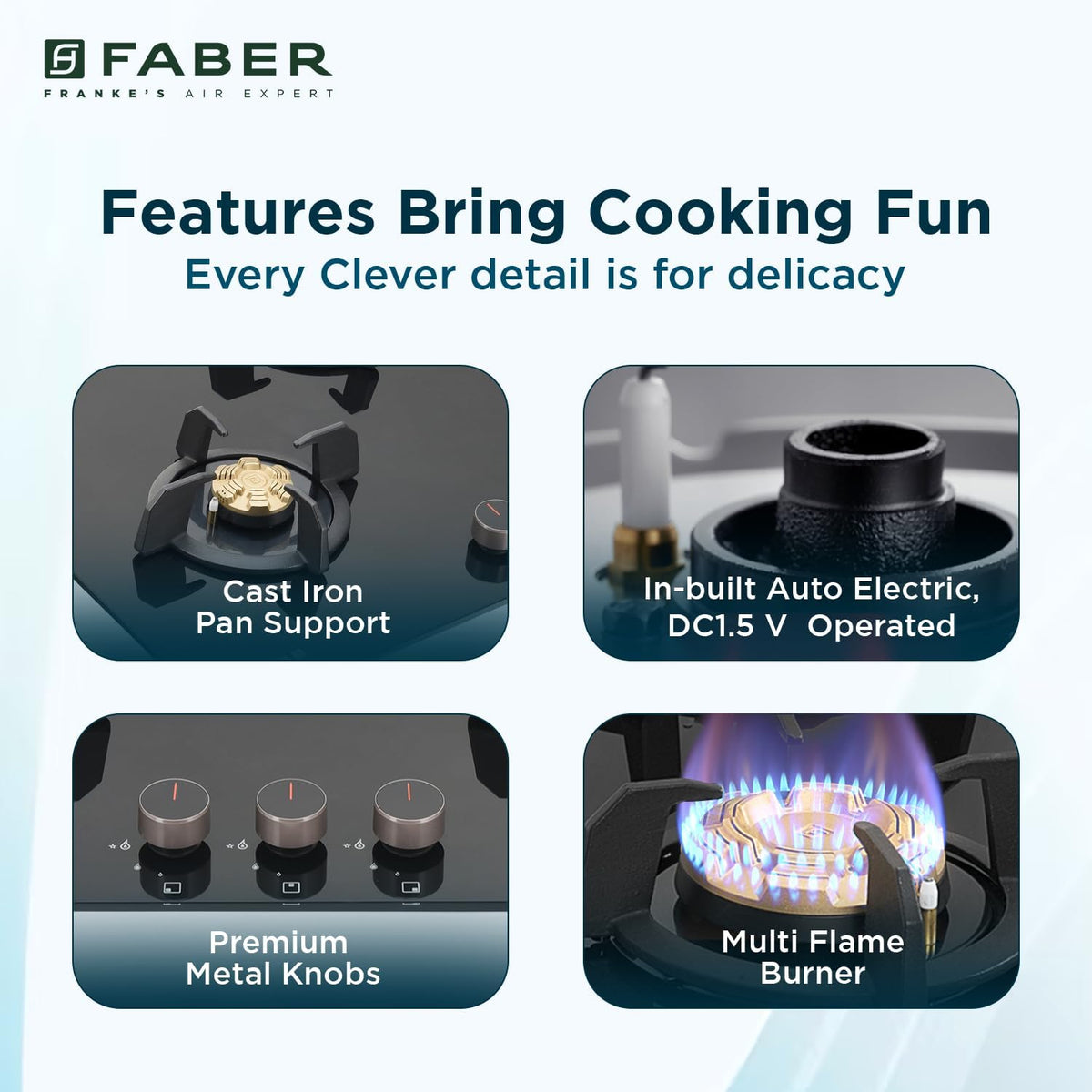 Faber 3 Burner 78Cm HOBTOP|Auto Ignition |Metal Knobs| Cast Iron Pan Support|HOB/Cooktop Hybrid|Black Glass Finish|5 Yrs