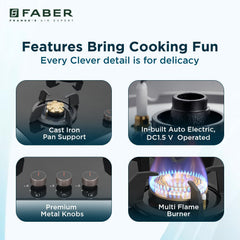 Faber 3 Burner 78Cm HOBTOP|Auto Ignition |Metal Knobs| Cast Iron Pan Support|HOB/Cooktop Hybrid|Black Glass Finish|5 Yrs