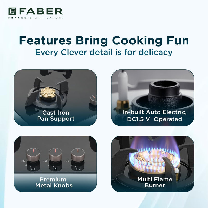 Faber 3 Burner 78Cm HOBTOP|Auto Ignition |Metal Knobs| Cast Iron Pan Support|HOB/Cooktop Hybrid|Black Glass Finish|5 Yrs