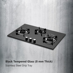 KAFF HBR 783 Built-in Hob/Hobtop 3 Burners, Auto Electric Ignition Glass Top, 78 CM, Powerful Brass Burners, 8 MM Thick Toughened Glass, Enamelled Matt Grills (Black)