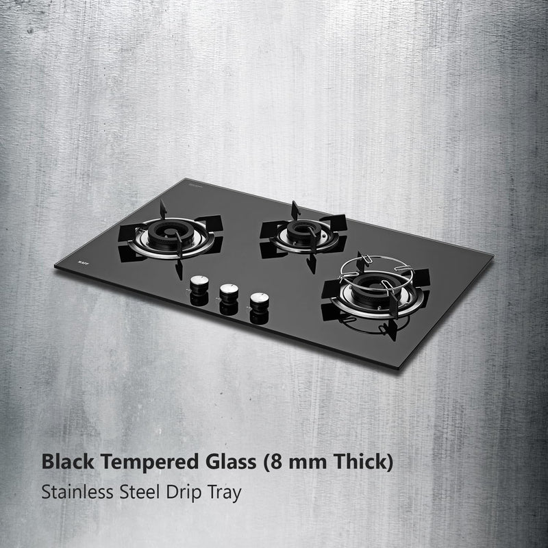 KAFF HBR 783 Built-in Hob/Hobtop 3 Burners, Auto Electric Ignition Glass Top, 78 CM, Powerful Brass Burners, 8 MM Thick Toughened Glass, Enamelled Matt Grills (Black)
