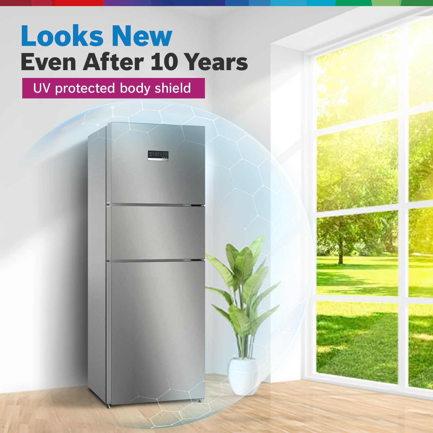 Bosch MaxFlex Convert 303L 3 Star Inverter Frost Free Triple Door Refrigerator (2023 model, CMC33S03NI, 8-in-1 Convertible, UV Protected Body Shield, VitaFresh Technology, Adaptive UI, Sparkly Steel)