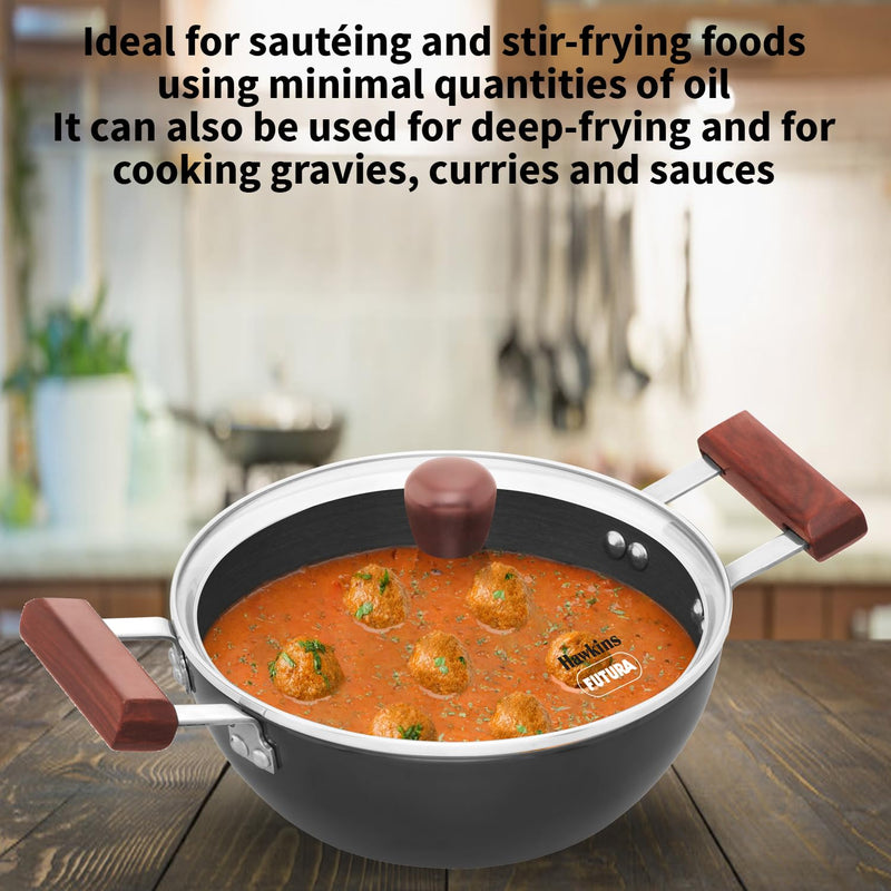 Hawkins Futura 2 Litre Deep Kadhai, Induction Deep Fry Pan, Hard Anodised Kadai with Glass Lid, Black (IAK20G)