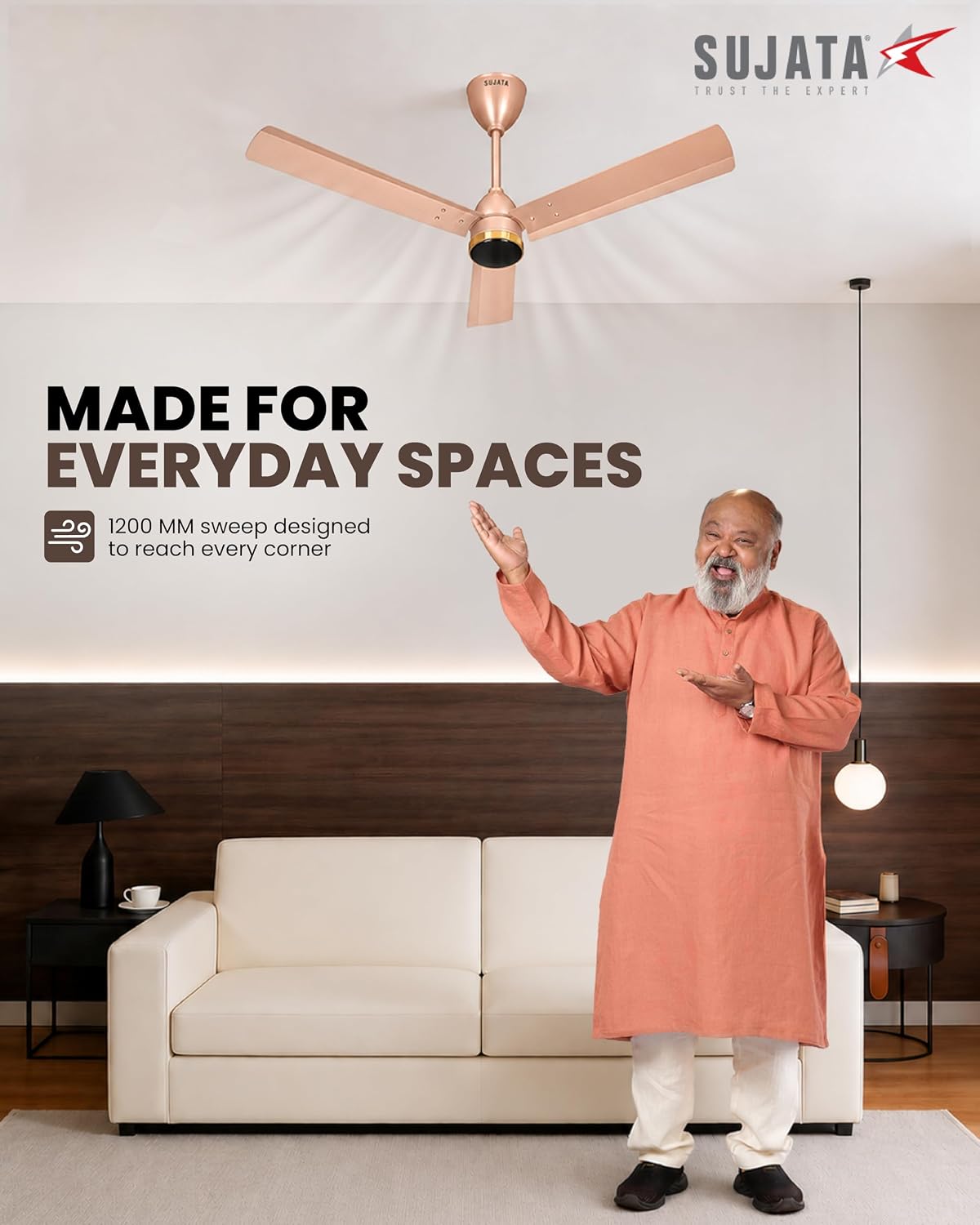 Sujata Slim Air BLDC 1200 mm Ceiling Fan with Remote | 5 Star - Topaz Gold