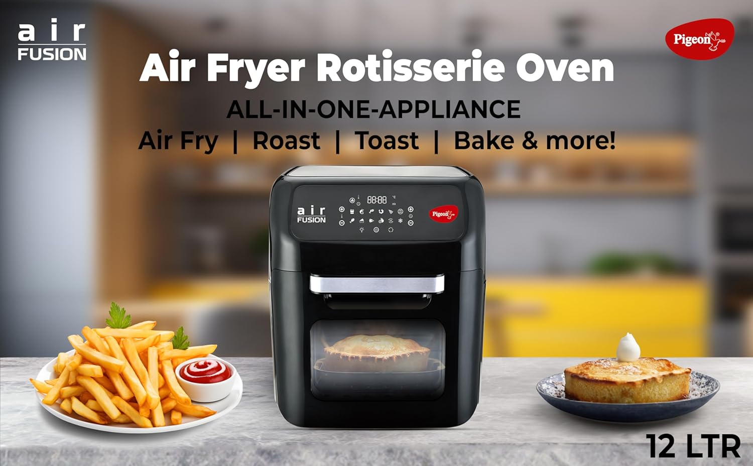 Pigeon by Stovekraft Air Fryer Oven 12L | 1800W | 2-in-1 Appliance - AirfryerOTG | Digital Touchscreen | 9 Preset Menu | Air Fry, Bake, Broil, Toast, Defrost (Black) | With Rotisserie | 7 Accessories