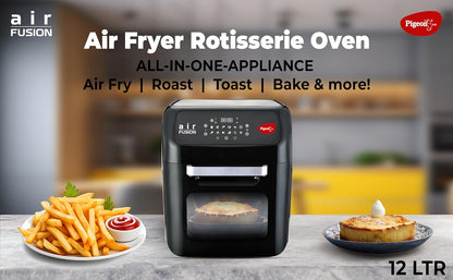 Pigeon by Stovekraft Air Fryer Oven 12L | 1800W | 2-in-1 Appliance - AirfryerOTG | Digital Touchscreen | 9 Preset Menu | Air Fry, Bake, Broil, Toast, Defrost (Black) | With Rotisserie | 7 Accessories
