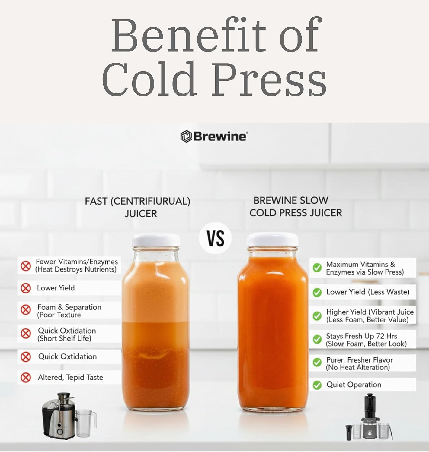 Brewine Cold Press Slow Juicer | 60 RPM High Nutrition Extraction | Wide Feeder | Reverse Function | Easy Clean Design | For Fruits & Vegetables