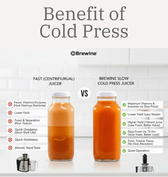 Brewine Cold Press Slow Juicer | 60 RPM High Nutrition Extraction | Wide Feeder | Reverse Function | Easy Clean Design | For Fruits & Vegetables