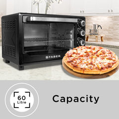 Faber 60L 2200W OTG | Bake, Toast, Roast, Grill | 4 Heating Functions, Upper & Lower Heating, Rottisserie, 360° Convection| Indicator Light, Auto Shut-Off, Ready Bell | Removable Crumb Tray | (Black)