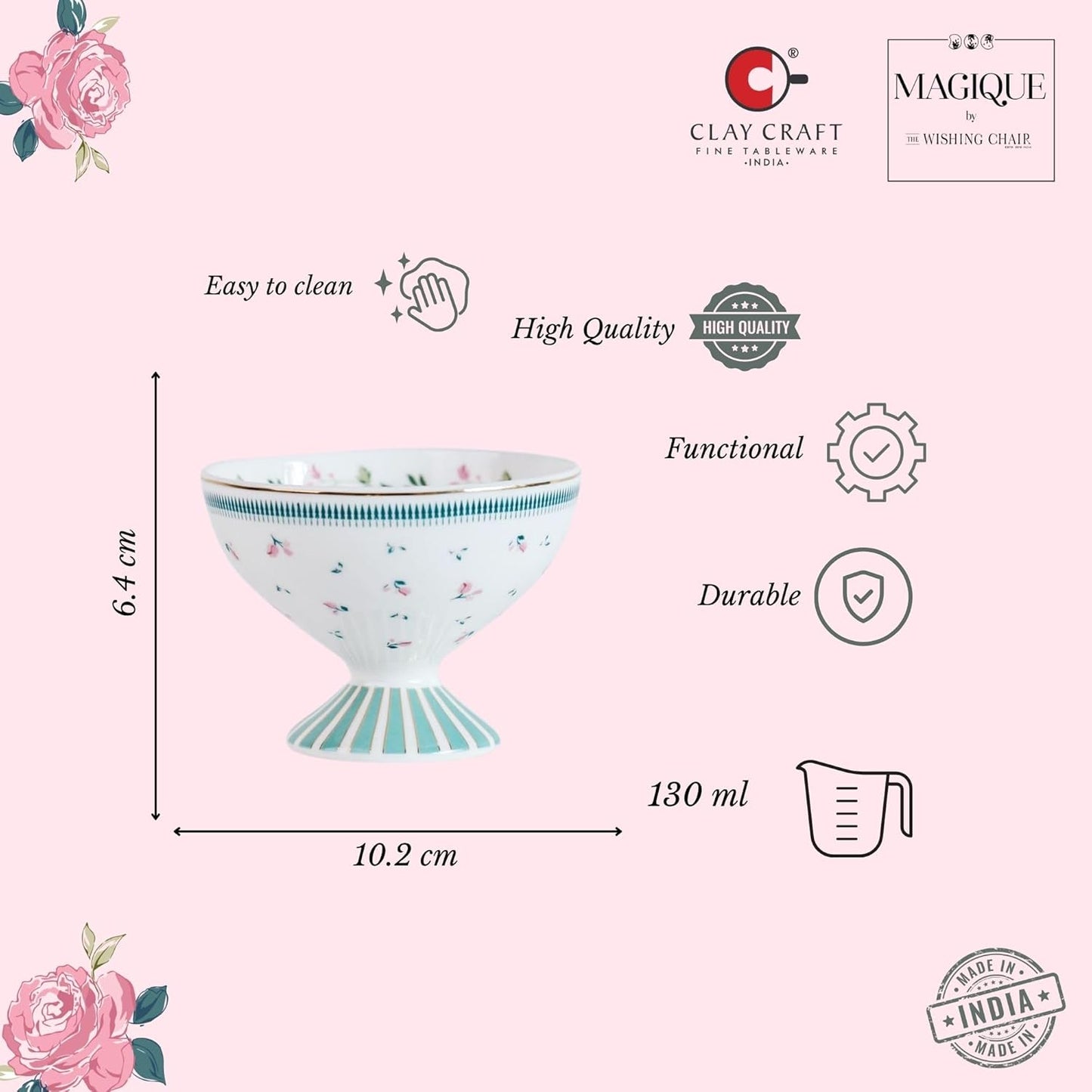 Magique by The Wishing Chair x ClayCraft : Portrait of a Rose Dessert Cups Set of 4 | 160 ml Ceramic Ice Cream Bowls | Elegant Floral Cups for Ice Cream, Sorbet & Gelato | Dishwasher Safe
