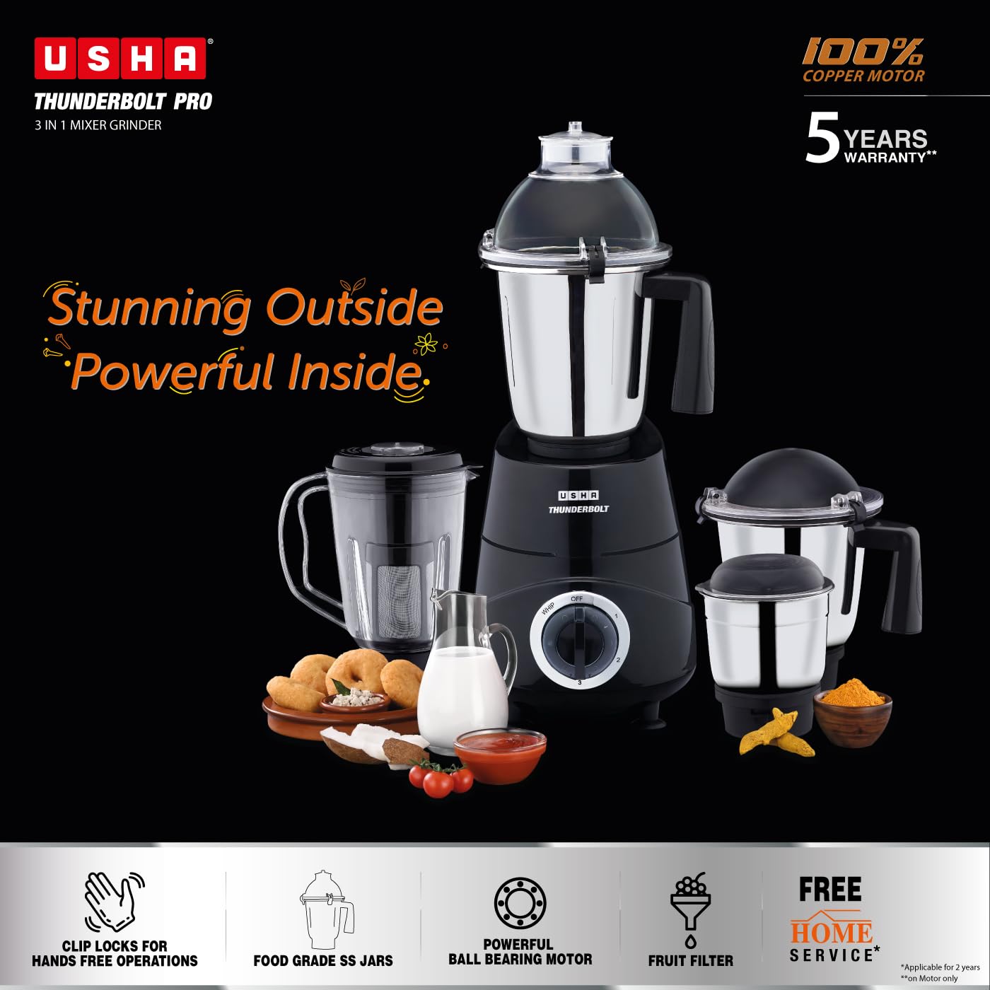 USHA Thunderbolt Pro 1000 Watt with 4 Jars, 100% Copper Ball-Bearing Motor, Handsfree operation, 4 Jars, Fruit Filter, 3-Speed Setting with Inching option, 5 Years Warranty on Motor (Black)