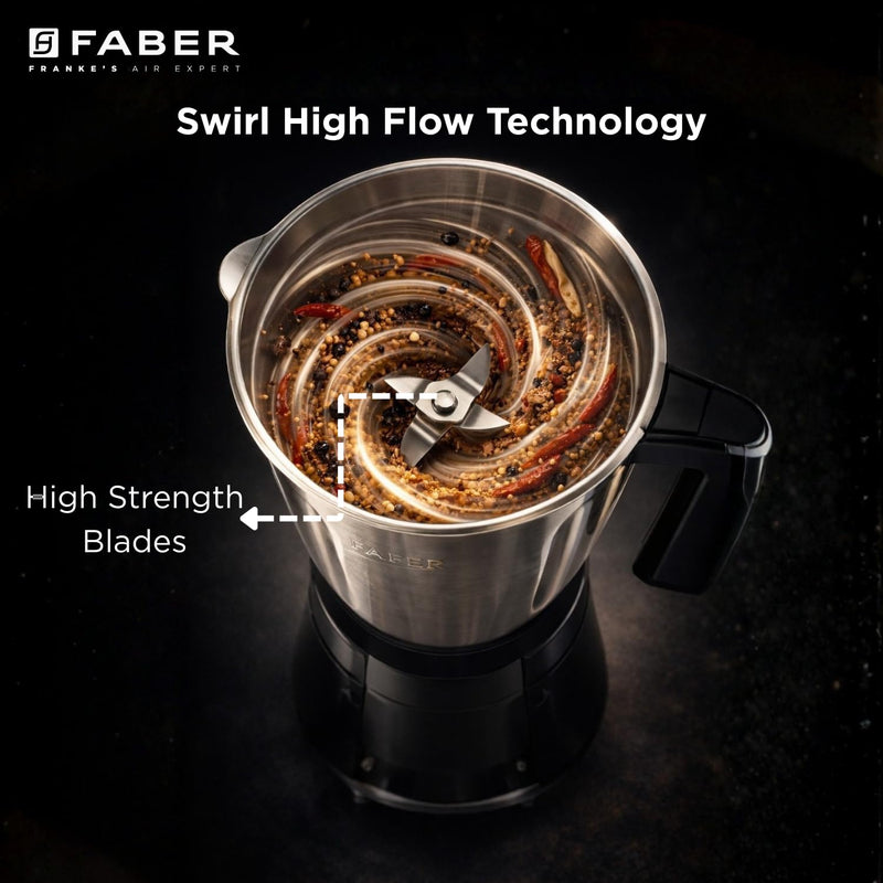 Faber Apollo Black Mixer Grinder|500w Copper Motor|3 Stainless Steel Jars & Blades|Easy to Clean| 2yrs Warranty on Produ