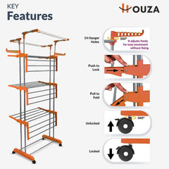 HOUZA Stainless Steel Clothes Drying Stand | 4 Layer Foldable Cloth Dryer Stand with Wheels | 6 Foldable Wings - Orange